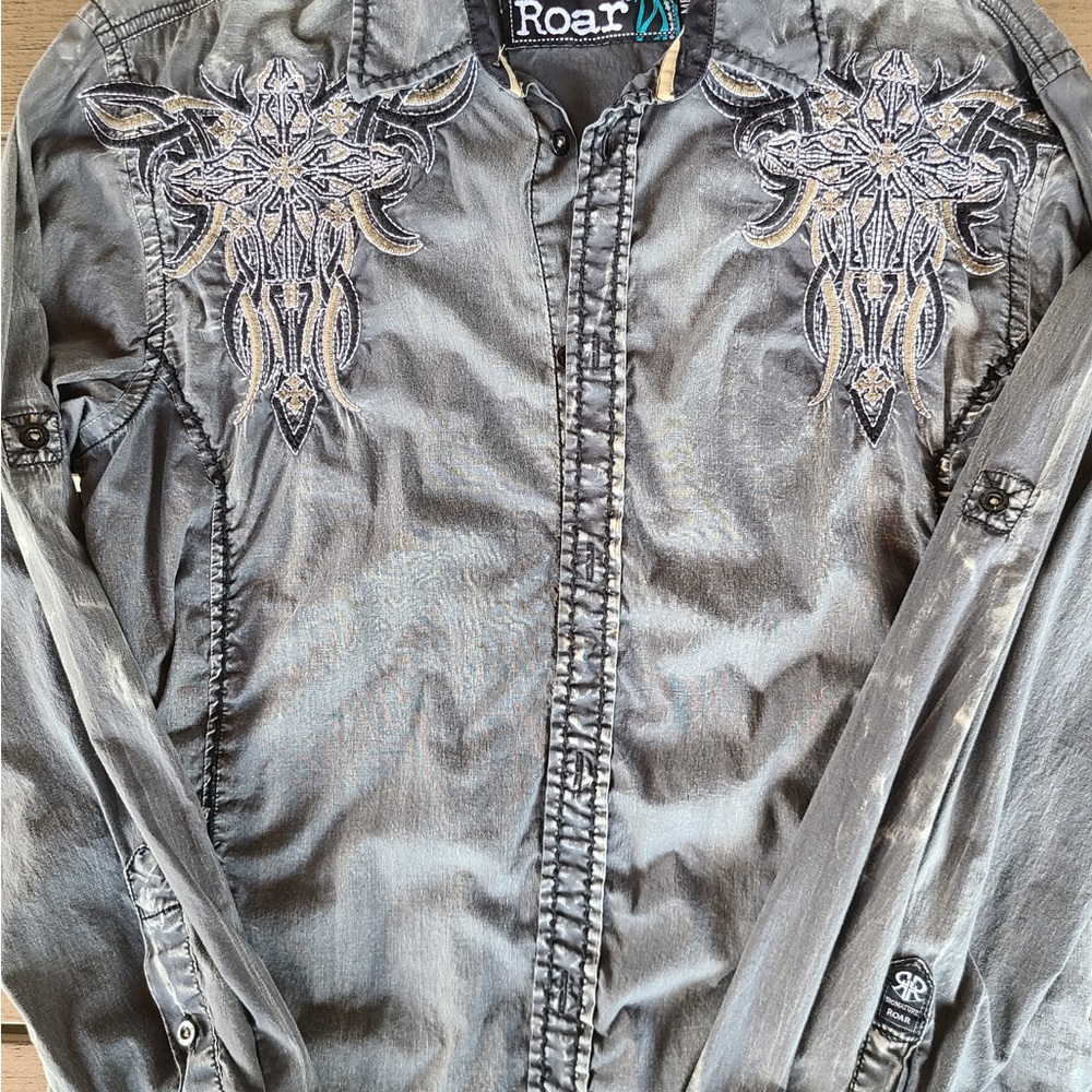 Roar Gray Embroidered Casual Button Down Shirt